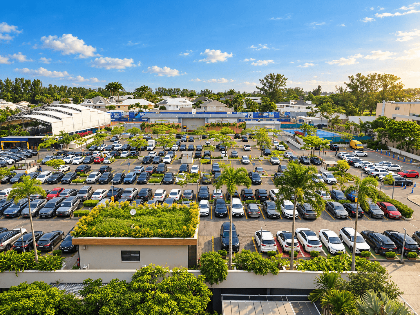 Vista de um estacionamento amplo em frente a um centro gastronômico, em dia ensolarado